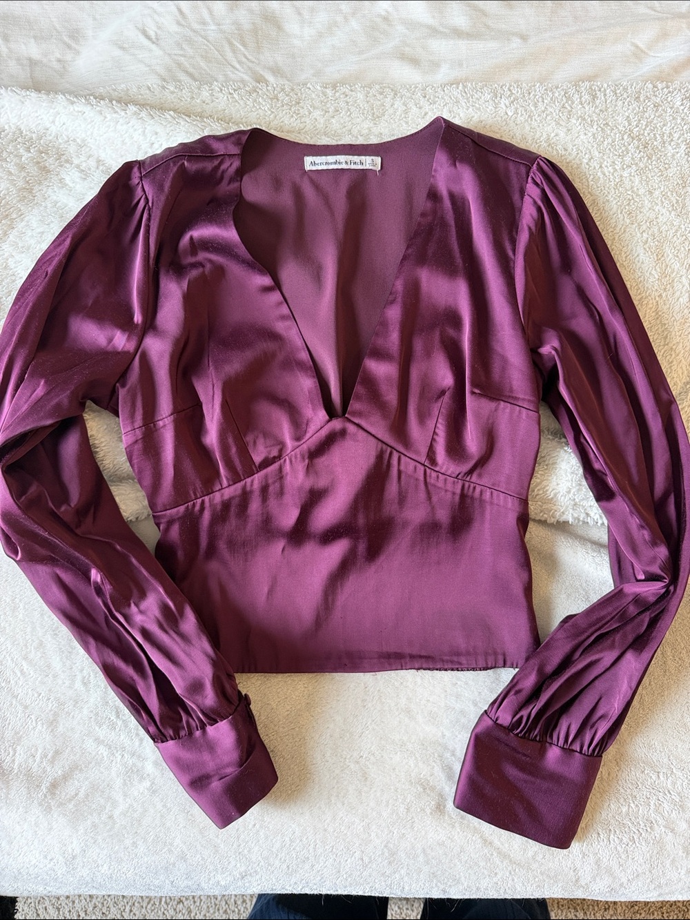 Abercrombie & Fitch Deep Plum Satin V-Neck Long Sleeve Top